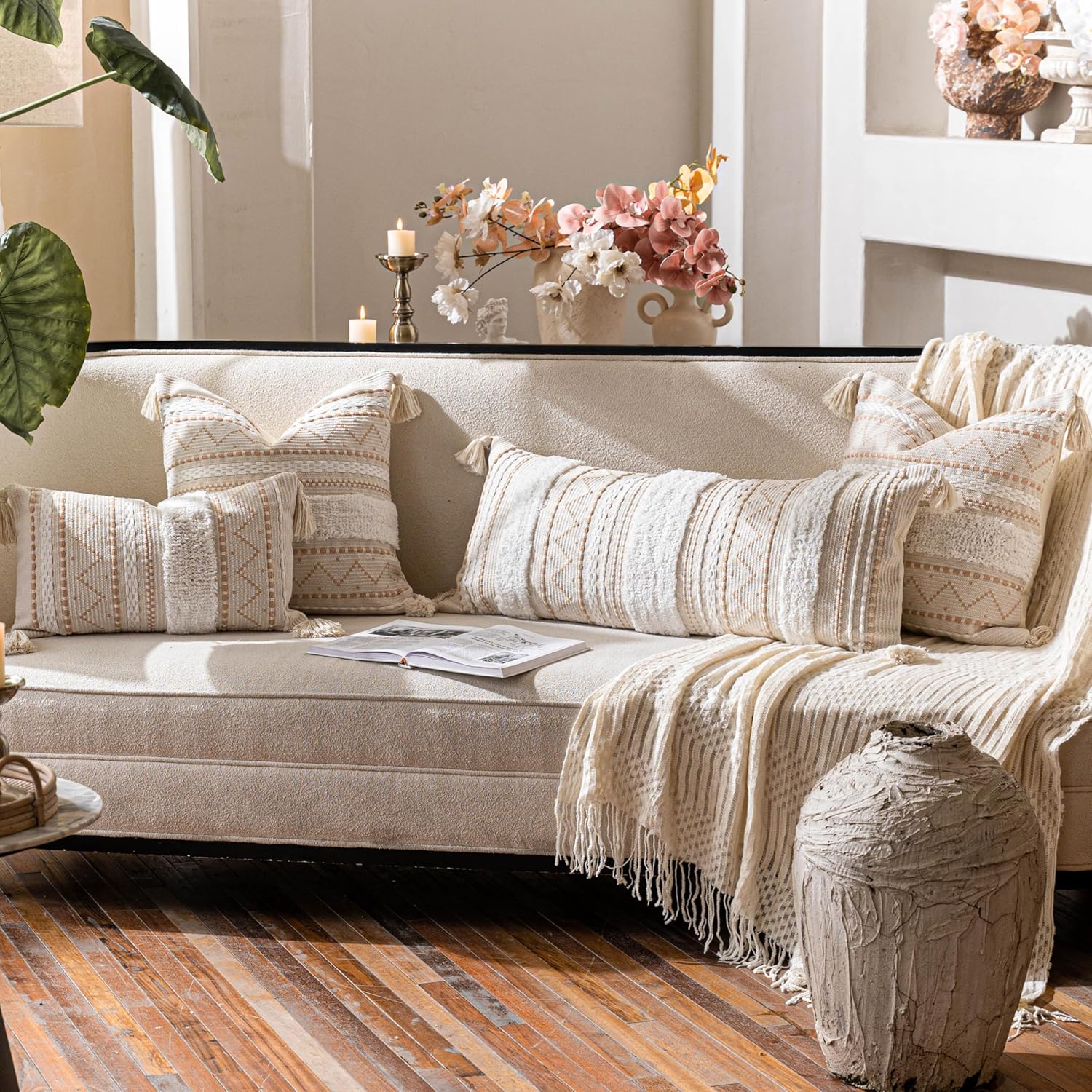 91NcWRDxp+L._AC_SL1500_ Textured Boho Lumbar Pillow Cover with Tassels (14×36) - Image 2