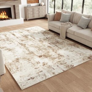 modern abstract washable area rug in light neutral tones
