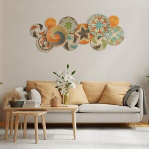 Boho wall basket decor set in natural fiber with warm earthy tones arranged above a beige couch in a cozy neutral living room