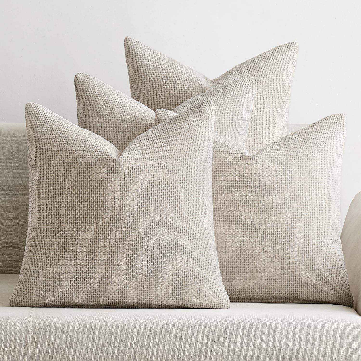 Chenille Farmhouse Pillow Cover-2 neutral chenille farmhouse pillow cover styled on living room sofa