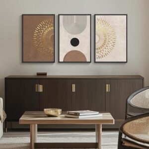 Framed neutral boho wall art set with three abstract prints above a dark wood sideboard in a modern living room
