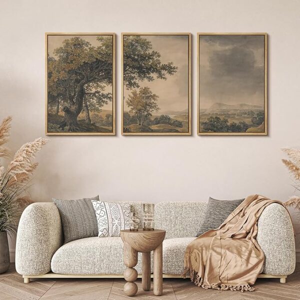 Neutral Landscape Wall Art Set for Bedroom – 3 Piece Framed Minimalist Decor Neutral bedroom with wooden bed and soft gray bedding, featuring a 3 piece framed landscape wall art set above the bed creating a calm minimalist look