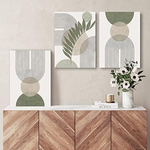Sage Green Minimalist Wall Art Set for Living Room – Botanical Geometric Decor Sage green minimalist wall art set with botanical geometric design displayed above a neutral sofa in a modern living room