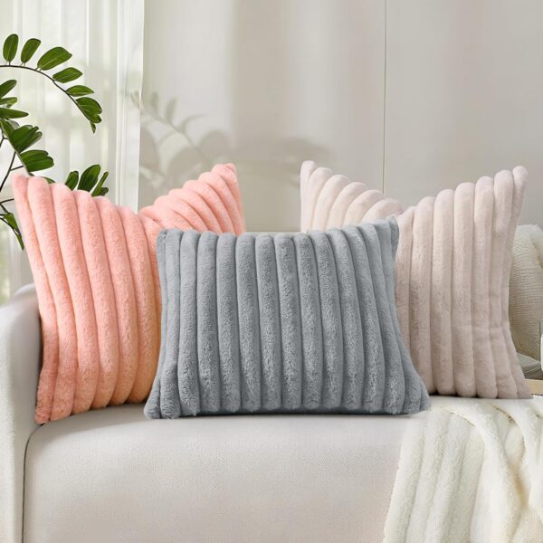 Neutral Decorative Throw Pillow Covers – Textured Chenille 18x18 Textured chenille decorative throw pillow covers in neutral beige styled on a couch for living room decor and cozy home styling.