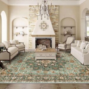washable oriental area rug in neutral living room vintage distressed style