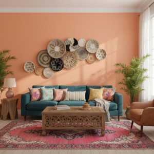 Afrohemian woven wall baskets styled in neutral boho living room