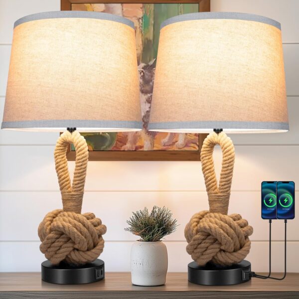 Cozy Organic Table Lamps for Warm Ambient Lighting Cozy organic rope knot table lamps with warm ambient lighting and neutral linen shades styled in a warm modern living room