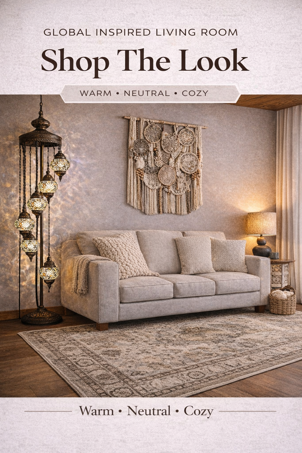Boho living room decor with global lighting cozy neutral textured living room design