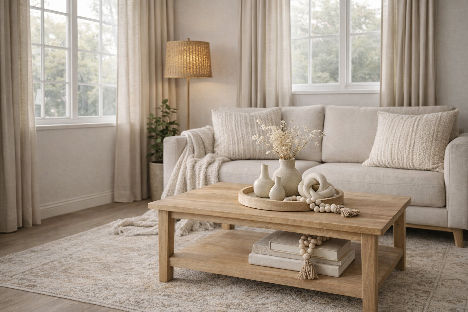 Cozy Neutral Living Room Decor- Shop the Look cozy neutral living room decor with warm lighting and textured furniture
