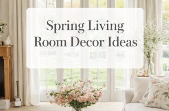 cozy neutral spring living room decor with pastel pink florals, natural wood furniture, and white curtains in a light and airy home interior design