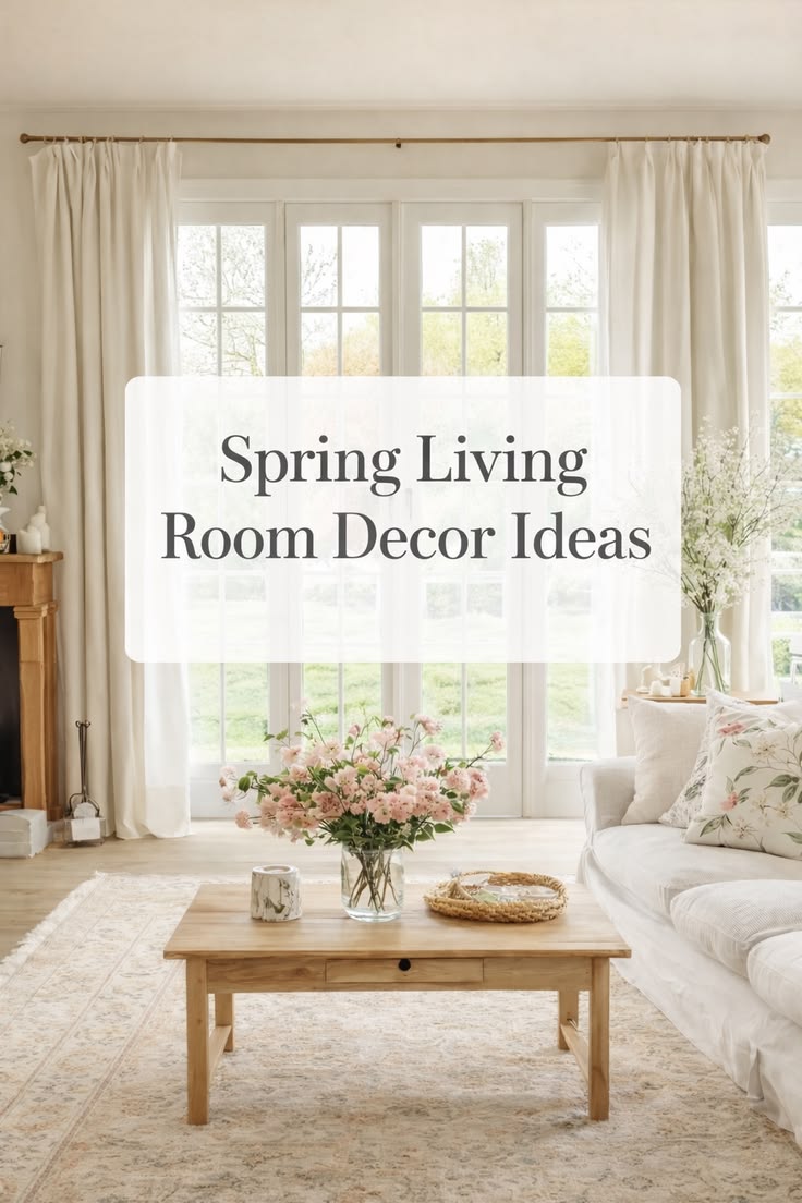 Spring Home Decor Ideas for the Living Room (Cozy Neutral, Pastel & Warm Wood Style) cozy neutral spring living room decor with pastel pink florals, natural wood furniture, and white curtains in a light and airy home interior design