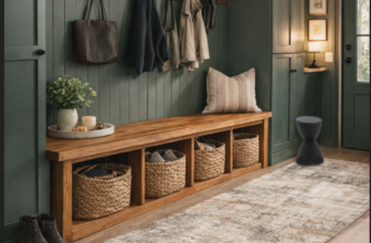 Cozy moody green mudroom with wooden storage bench, woven baskets, neutral washable runner rug, black stool, and farmhouse decor entryway design
