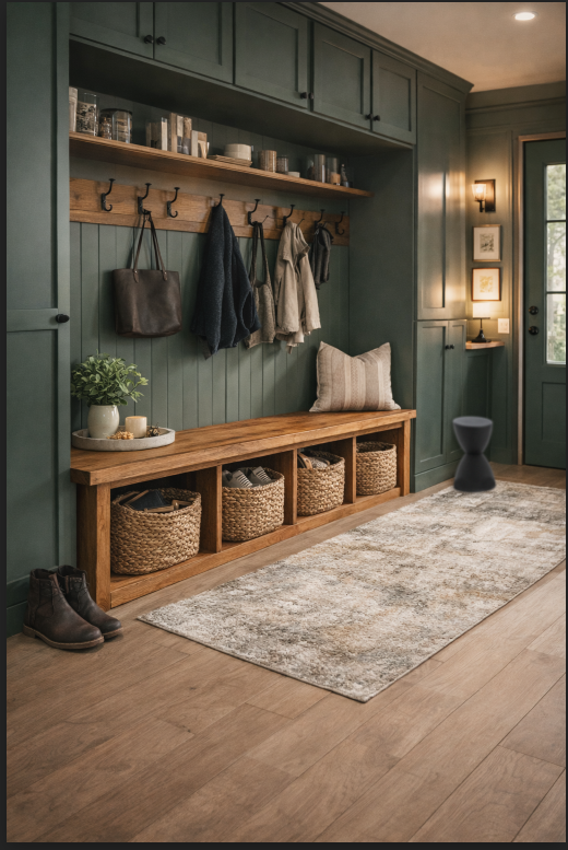 Cozy moody green mudroom with wooden storage bench, woven baskets, neutral washable runner rug, black stool, and farmhouse decor entryway design