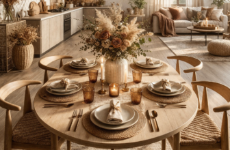 Cozy neutral dining room with warm wood table, woven placemats, pampas grass centerpiece, and modern farmhouse boho decor