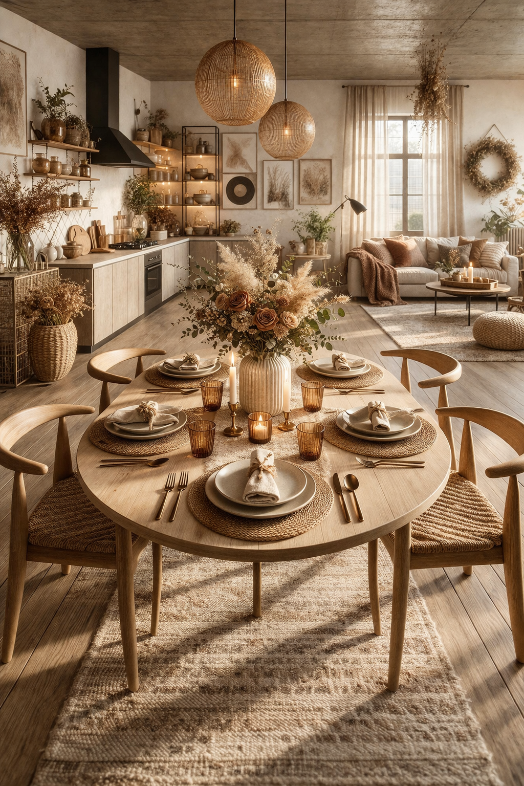 Cozy neutral dining room with warm wood table, woven placemats, pampas grass centerpiece, and modern farmhouse boho decor