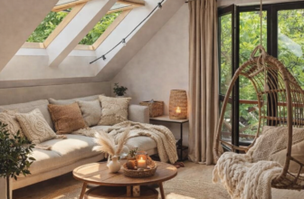 Cozy boho living room with hanging egg chair, round wood coffee table, neutral pillows, and warm natural light