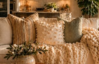 Cozy neutral living room with decorative throw pillows, chunky knit blanket, woven coffee table decor, and warm modern organic styling.
