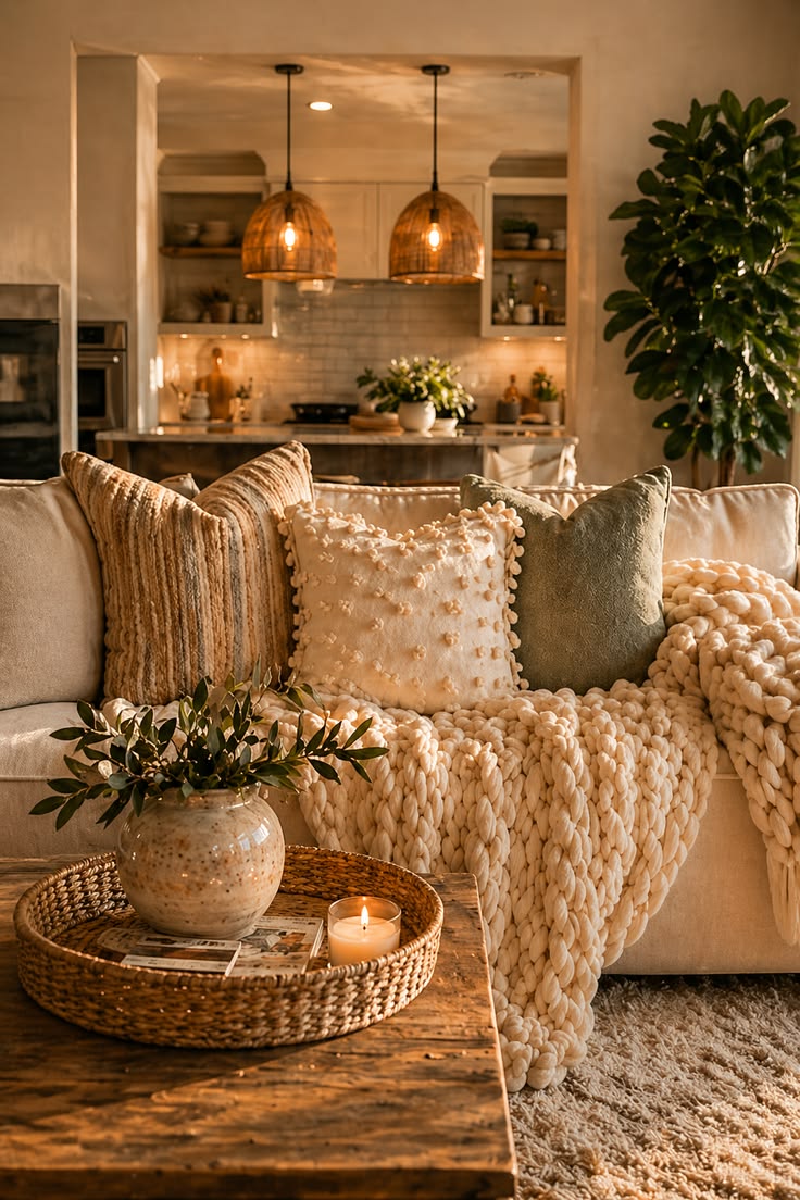 Cozy neutral living room with decorative throw pillows, chunky knit blanket, woven coffee table decor, and warm modern organic styling.